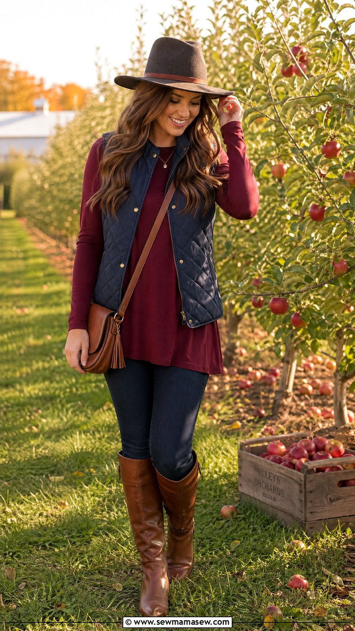 Tunic with a quilted vest and riding boots - 35 Tunic outfit ideas