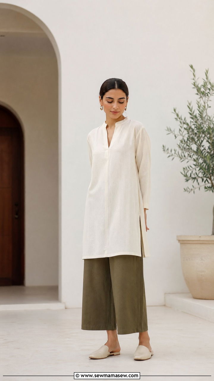 Tunic with cropped wide leg pants and flat mules - 35 Tunic outfit ideas
