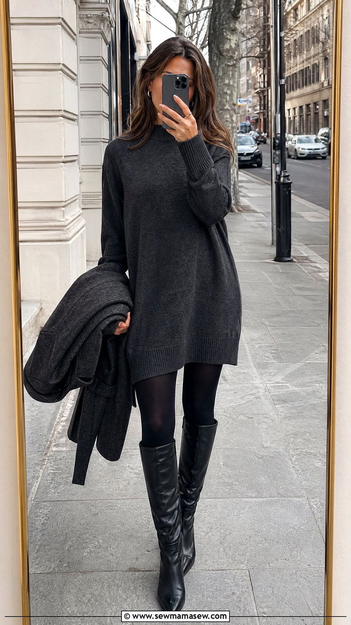 Tunic with knee high boots and opaque tights - 35 Tunic outfit ideas