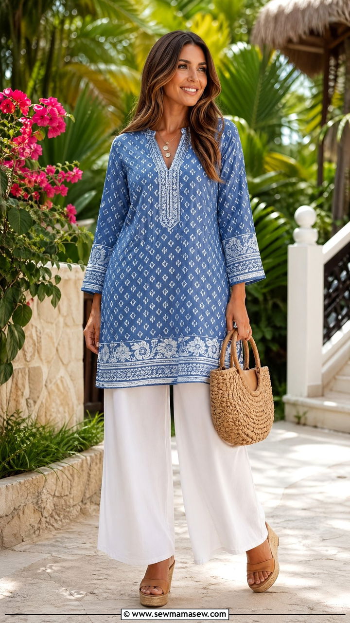 Tunic with palazzo pants and wedges - 35 Tunic outfit ideas