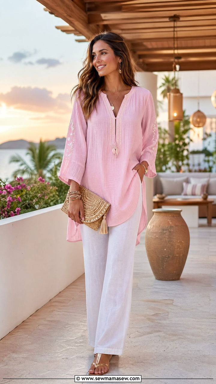 Tunic with white linen pants and metallic sandals - 35 Tunic outfit ideas