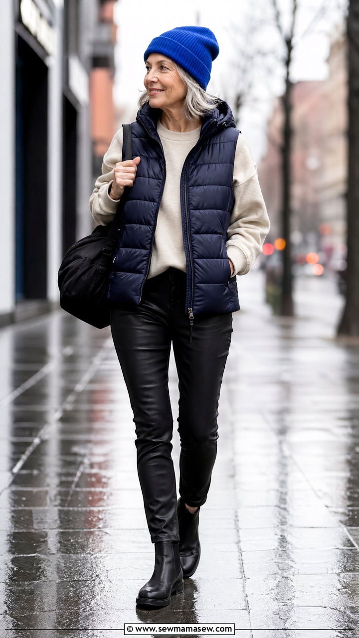 Tuniclength puffer vest with quiltedcuff sweatshirt - 35 Travel outfit ideas for women over 50