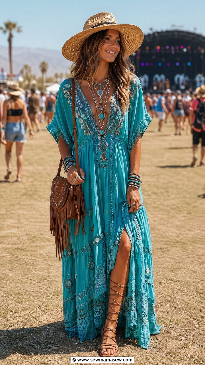 Turquoise Boho Maxi Dress With Straw Hat - 35 Turquoise outfit ideas