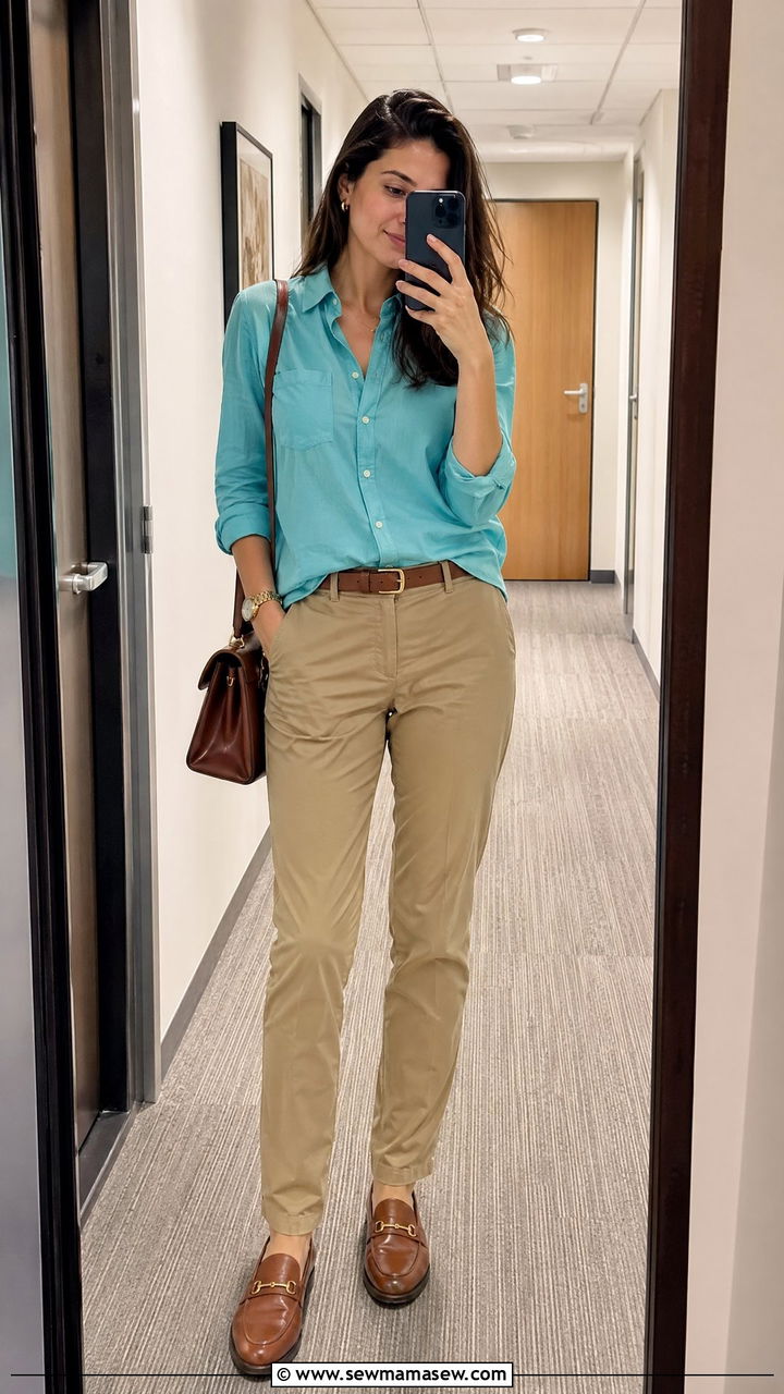 Turquoise Button Down Shirt With Khaki Trousers - 35 Turquoise outfit ideas