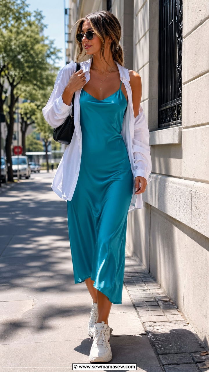 Turquoise Cami Dress With Chunky Sneakers - 35 Turquoise outfit ideas