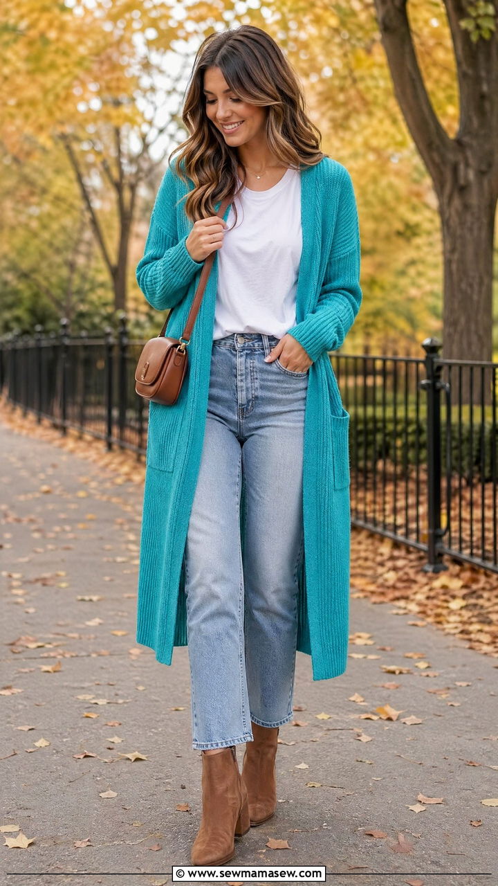 Turquoise Cardigan With Jeans And Boots - 35 Turquoise outfit ideas