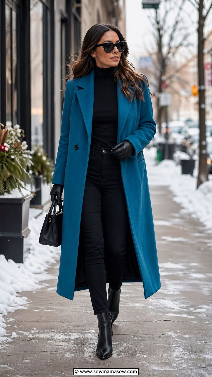 Turquoise Coat With All Black Outfit - 35 Turquoise outfit ideas