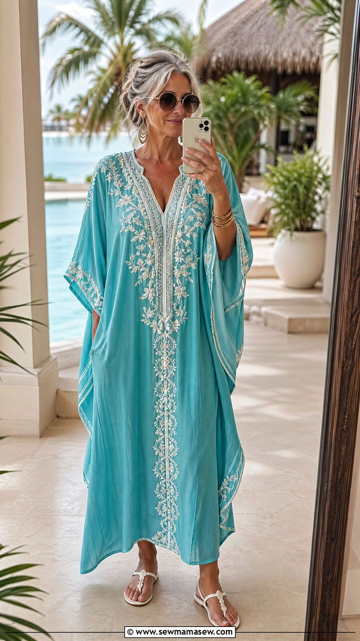Turquoise Embroidered Kaftan with White Flat Sandals - 35 Vacation outfit ideas for women over 50