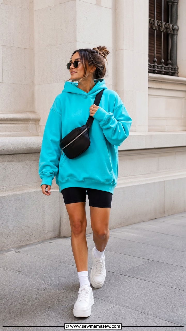 Turquoise Hoodie With Biker Shorts - 35 Turquoise outfit ideas