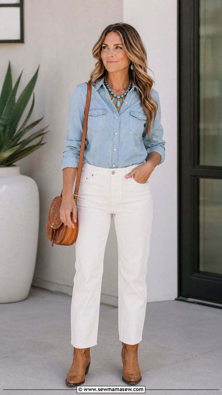 Turquoise Jewelry With Western Button Down - 35 Coastal cowgirl outfit ideas