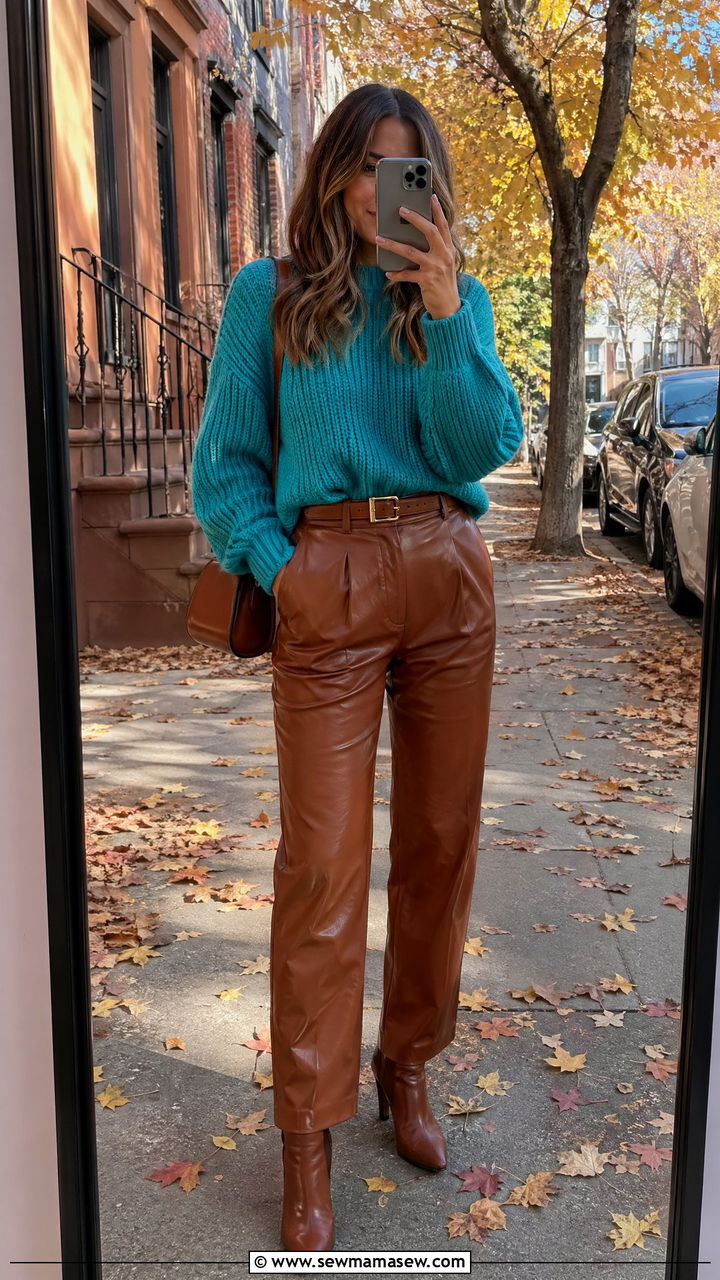 Turquoise Sweater With Brown Leather Pants - 35 Turquoise outfit ideas
