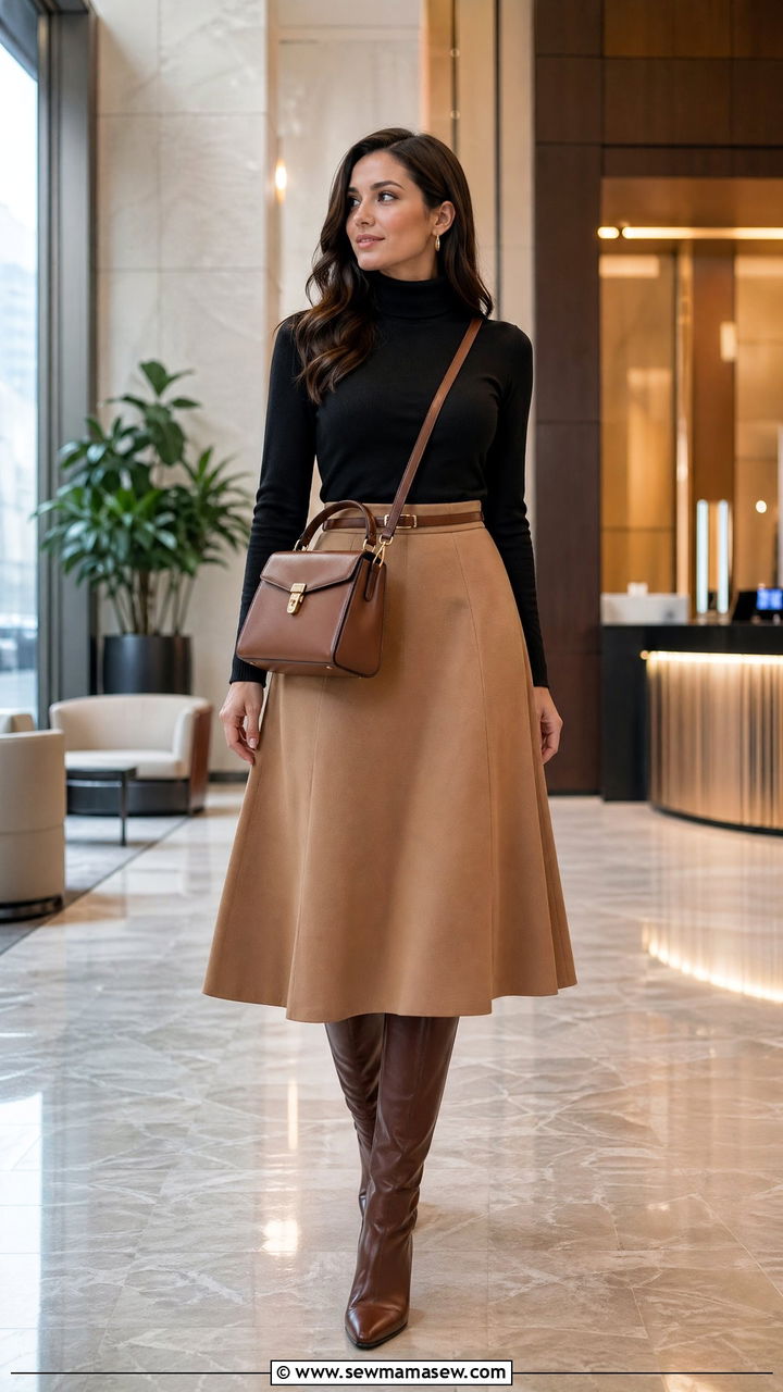 Turtleneck A line skirt knee high boots and top handle crossbody - 35 Crossbody bag outfit ideas