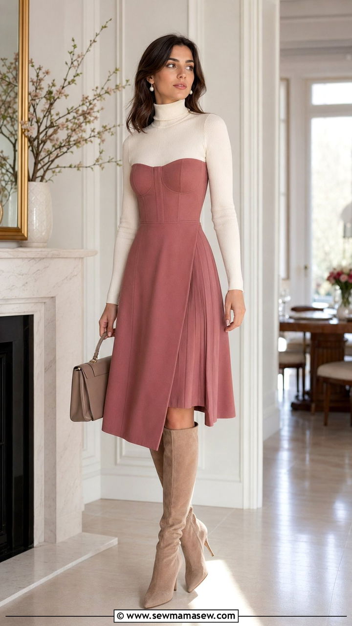 Turtleneck And Corset Dress With Boots - 35 romantic outfits ideas