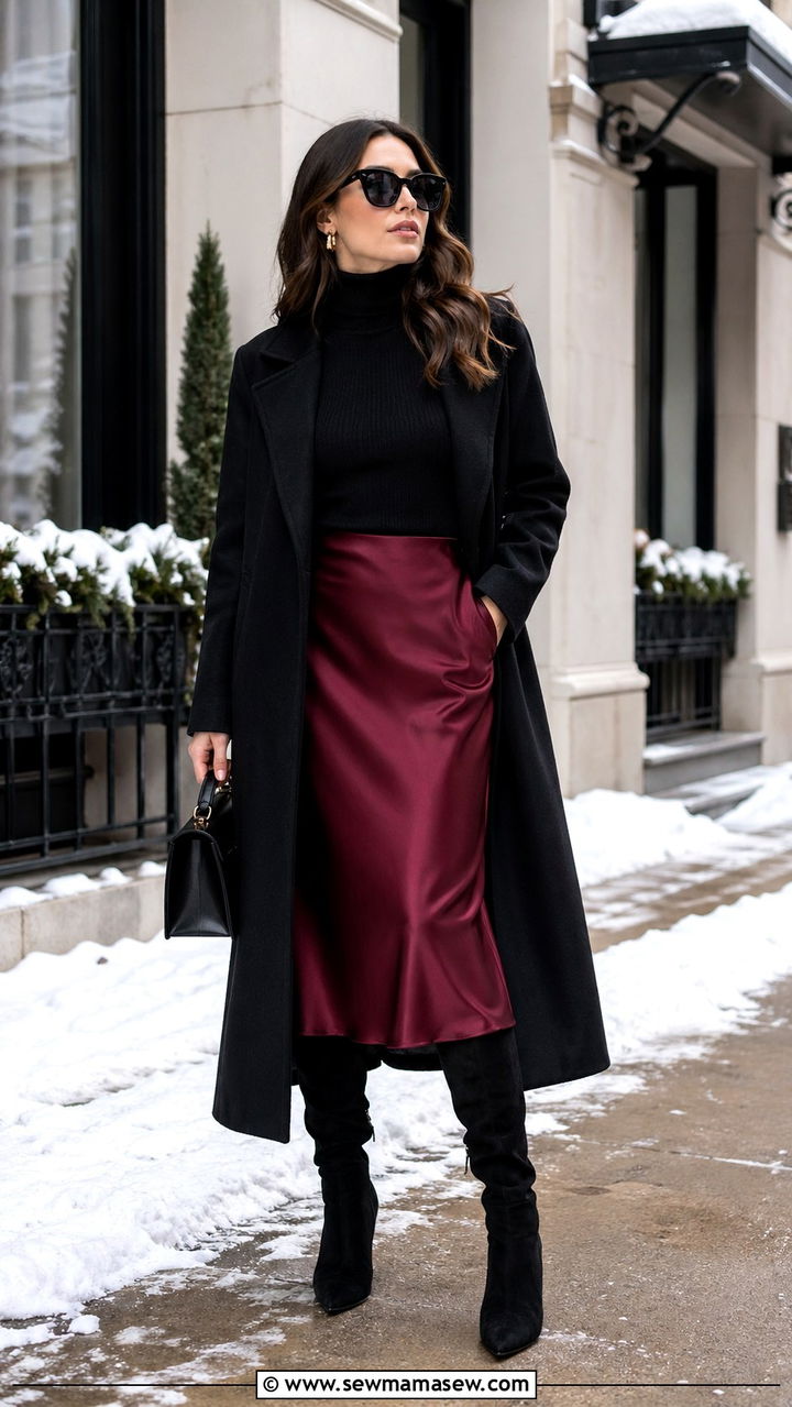 Turtleneck Bodysuit With Slip Skirt and Knee High Boots - 30 slip skirt outfit ideas for women