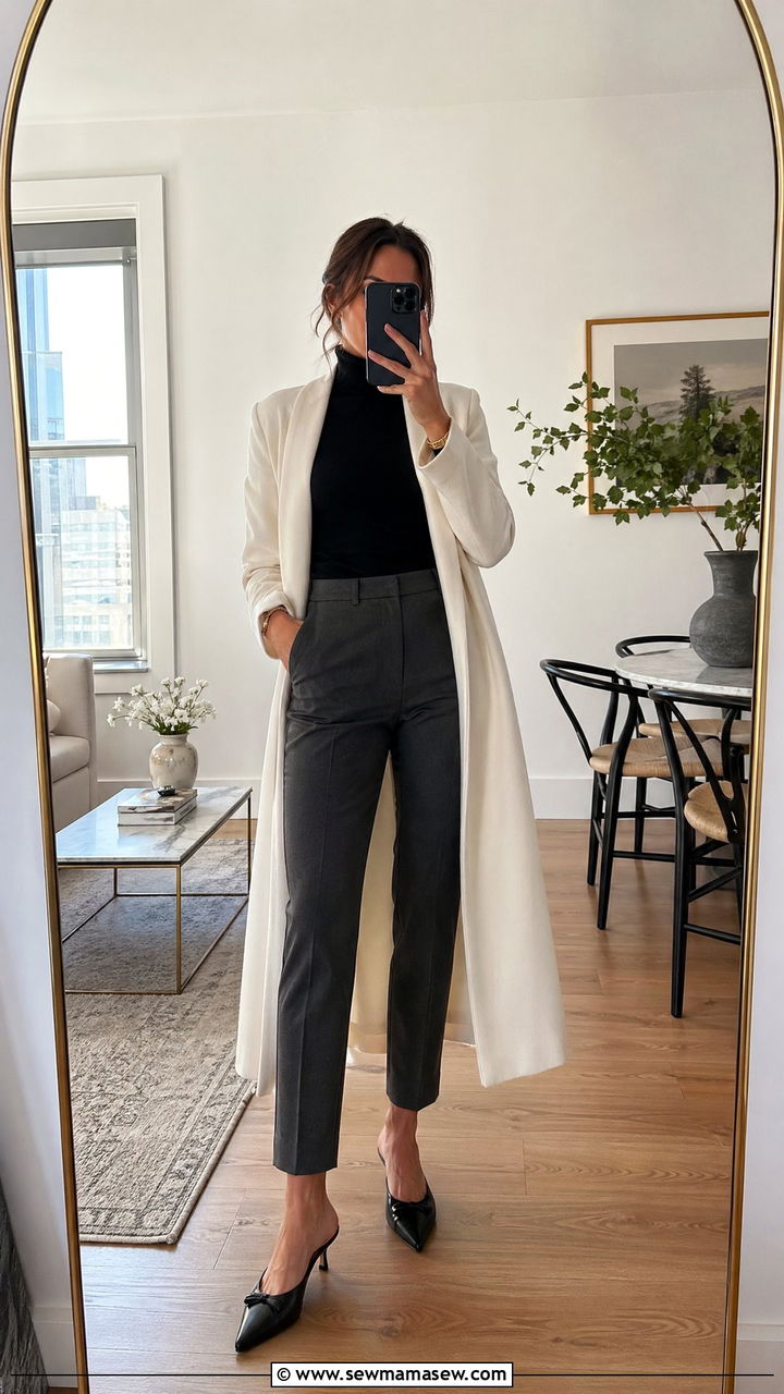 Turtleneck Bodysuit with Tailored Cigarette Pants Outfit - 35 transitional chic outfit ideas