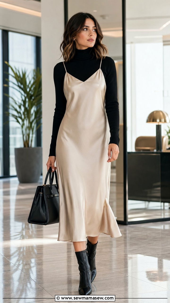 Turtleneck Layered Under Slip Dress - 35 Office outfit ideas for women