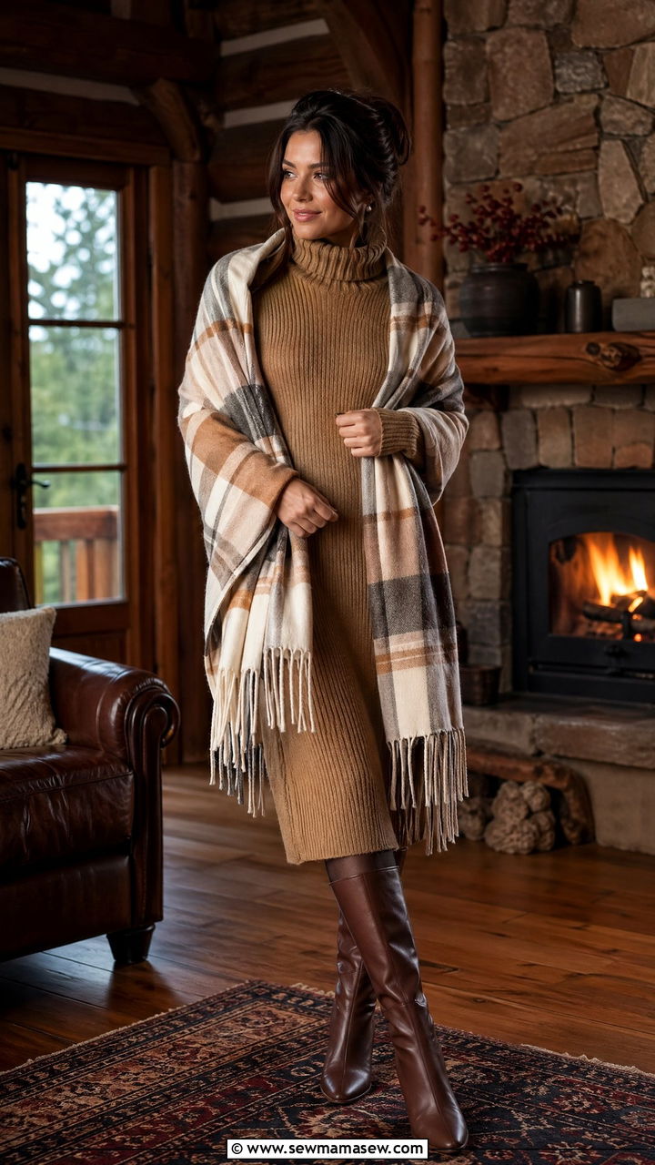 Turtleneck Sweater Dress With Knee High Boots - 35 Cozy cabin weekend outfit ideas