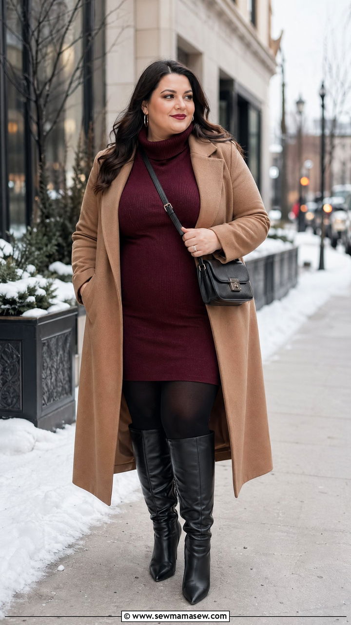 Turtleneck Sweater Dress with Knee High Boots - 35 classy outfits for plus size women
