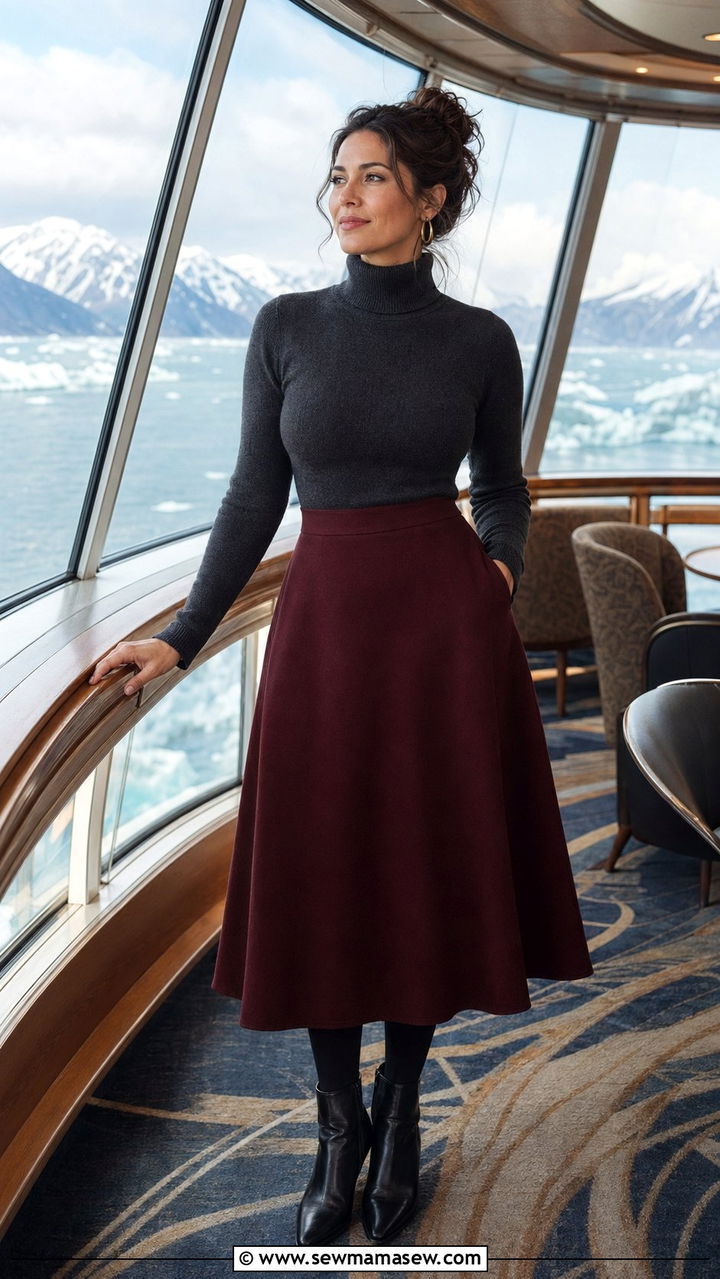 Turtleneck Sweater With A Line Skirt And Tights - 30 Alaska cruise outfit ideas