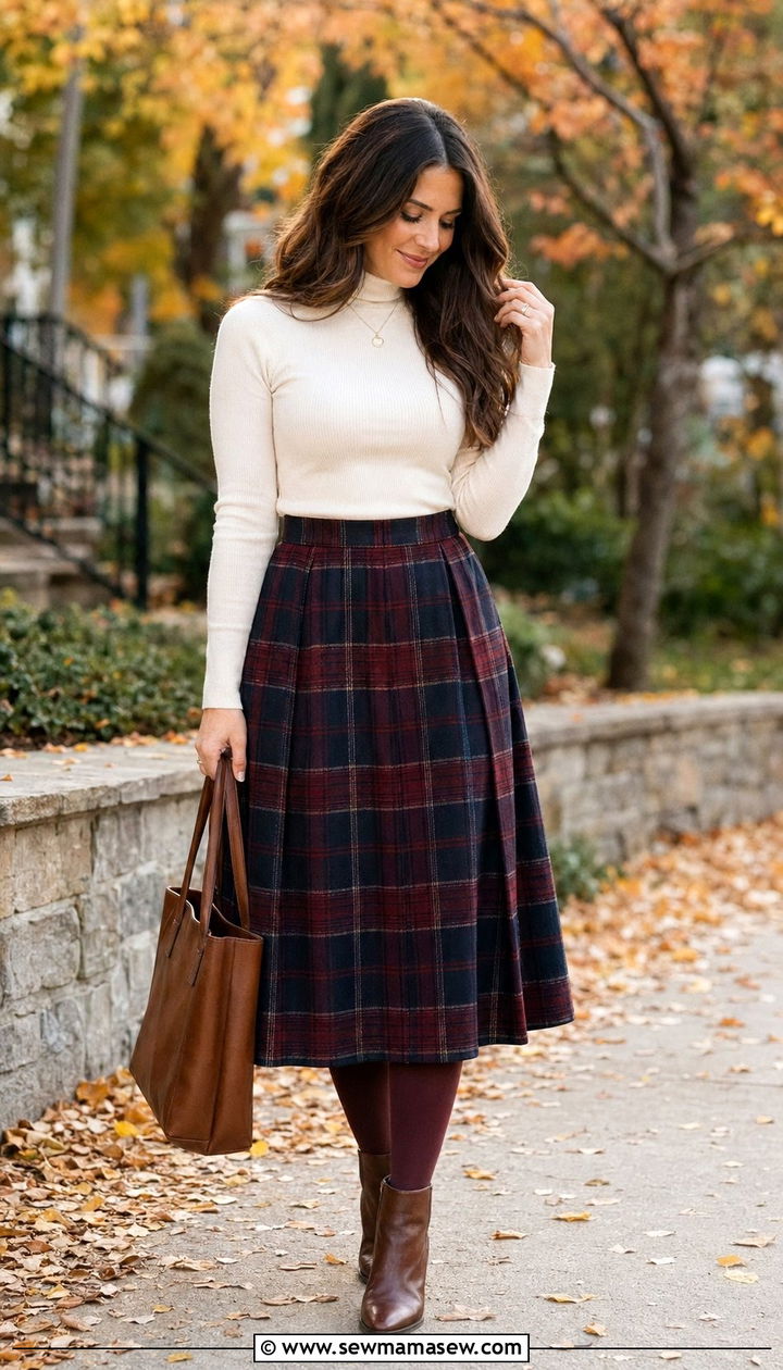 Turtleneck Sweater With Plaid Midi Skirt - 35 Modest outfit ideas for moms