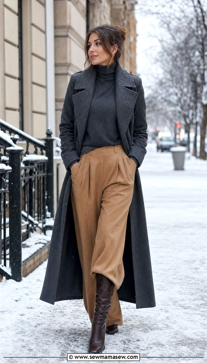 Turtleneck Sweater With Wool Palazzo Pants and Knee High Boots - 35 palazzo pants outfit ideas for women