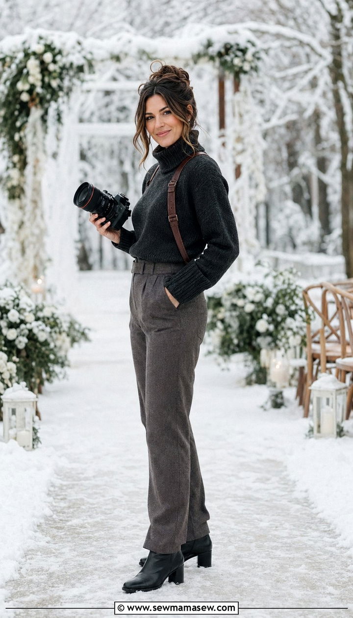Turtleneck Sweater With Wool Trousers for Winter Weddings - 30 Wedding photographer outfit ideas