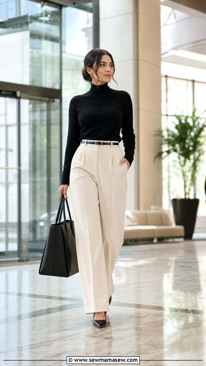 Turtleneck Top with Wide Leg Trousers Outfit - 35 modest outfit ideas for women