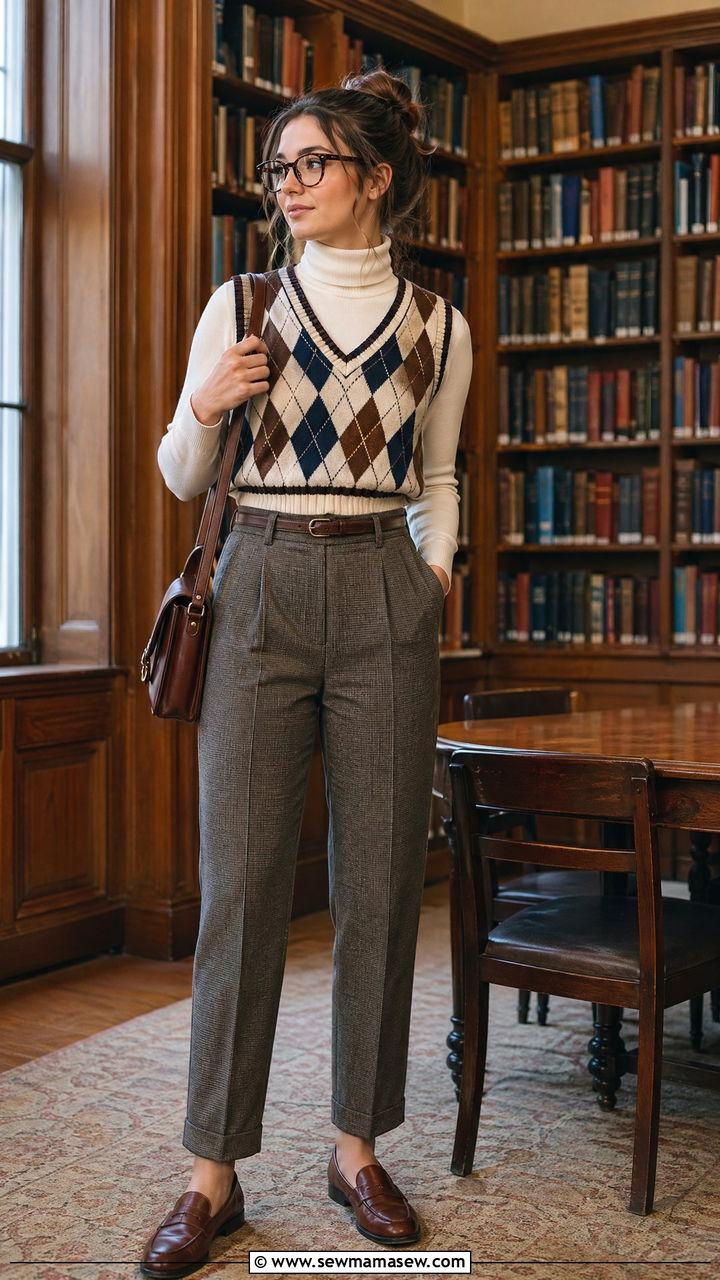 Turtleneck Under Sweater Vest with Trousers and Loafers - 35 college outfit ideas for women