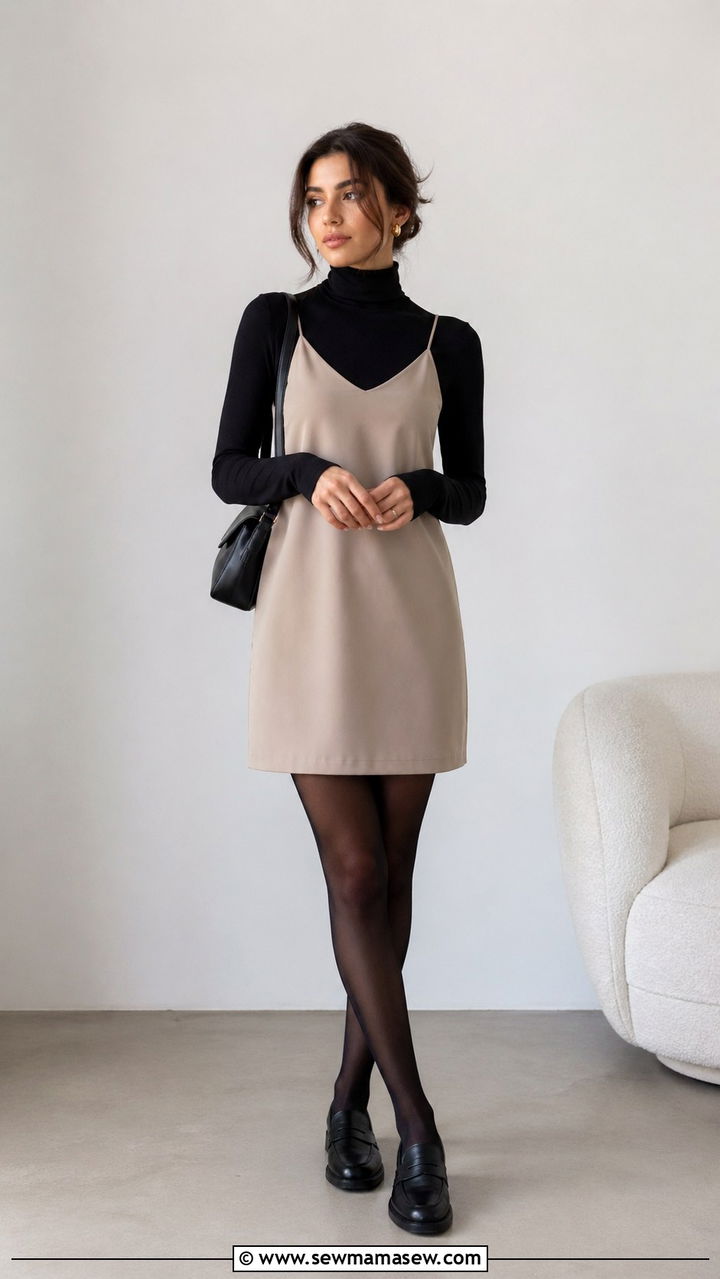 Turtleneck Under a Dress with Tights and Loafers - 30 spring cool weather outfit ideas