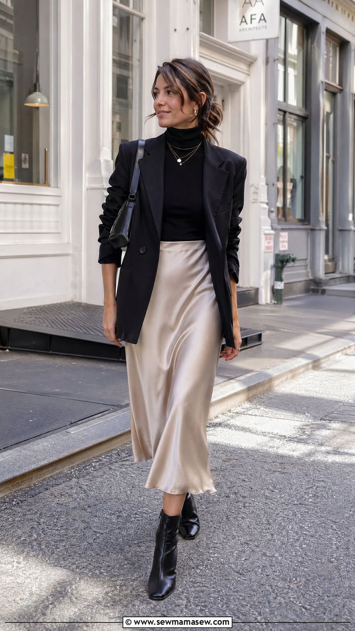 Turtleneck With A Slip Skirt And Boots - 35 Cute work outfits for women