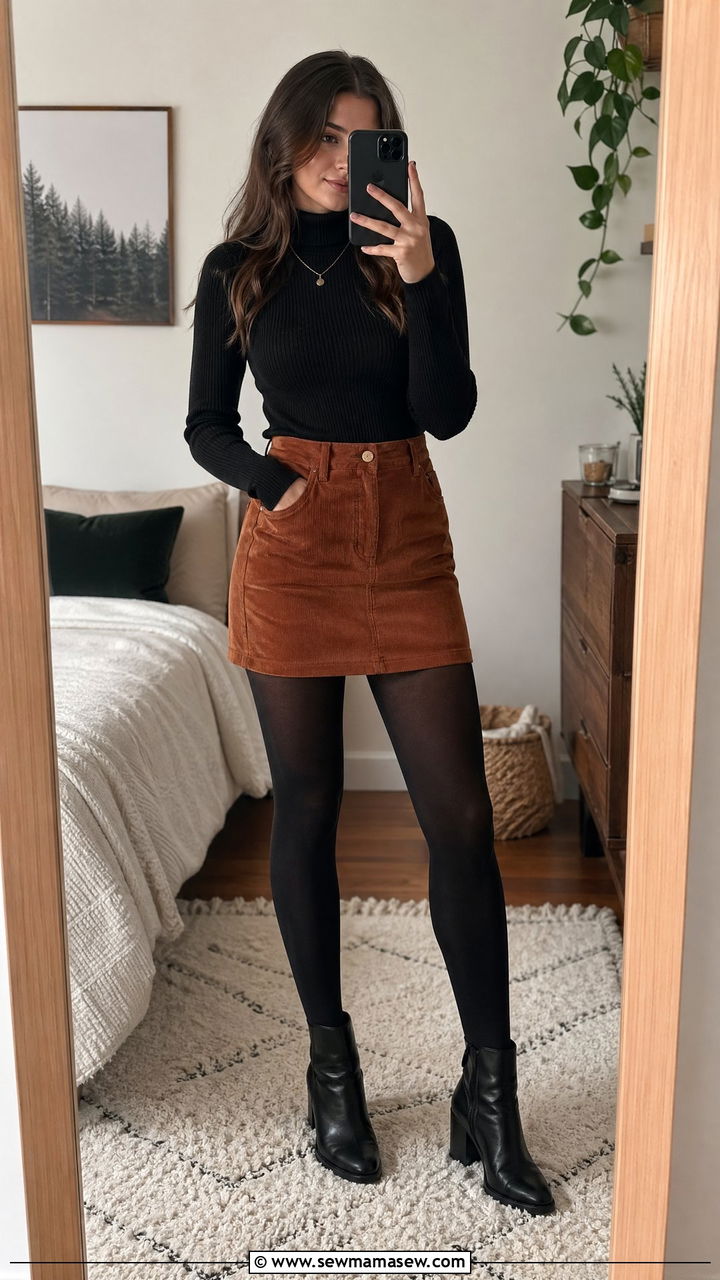 Turtleneck With Corduroy Mini Skirt And Tights - 35 Trendy outfits for teens