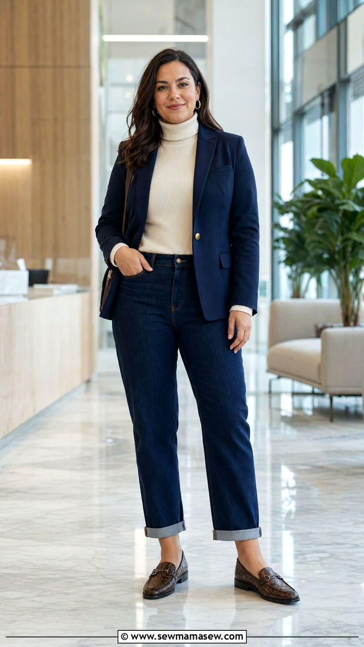 Turtleneck With Dark Denim And A Structured Blazer - 30 Work outfits for midsize women