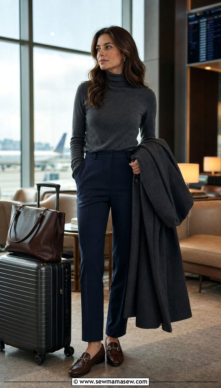 Turtleneck With Tailored Trousers And Loafers - 30 Airport outfits for international flights