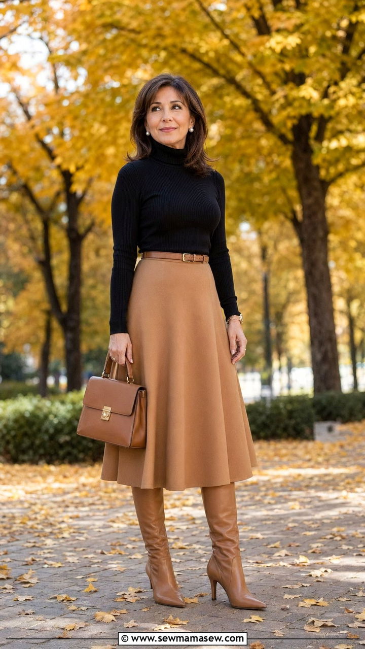 Turtleneck and A Line Midi Skirt - 35 Petite outfits for women over 40
