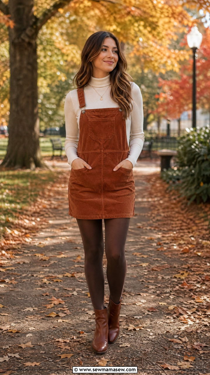 Turtleneck and Corduroy Pinafore Dress Outfit - 35 cute back to school outfits