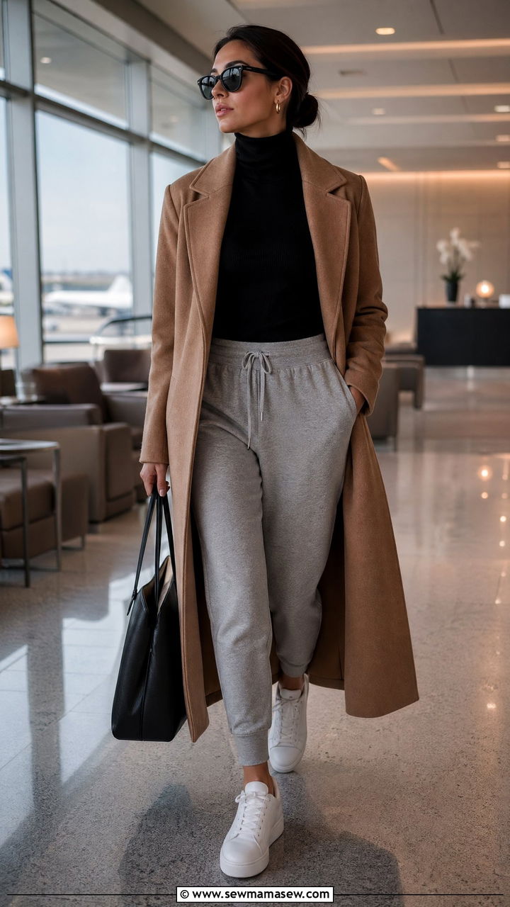 Turtleneck and High Waisted Joggers with Wool Coat - 40 Airport outfit ideas