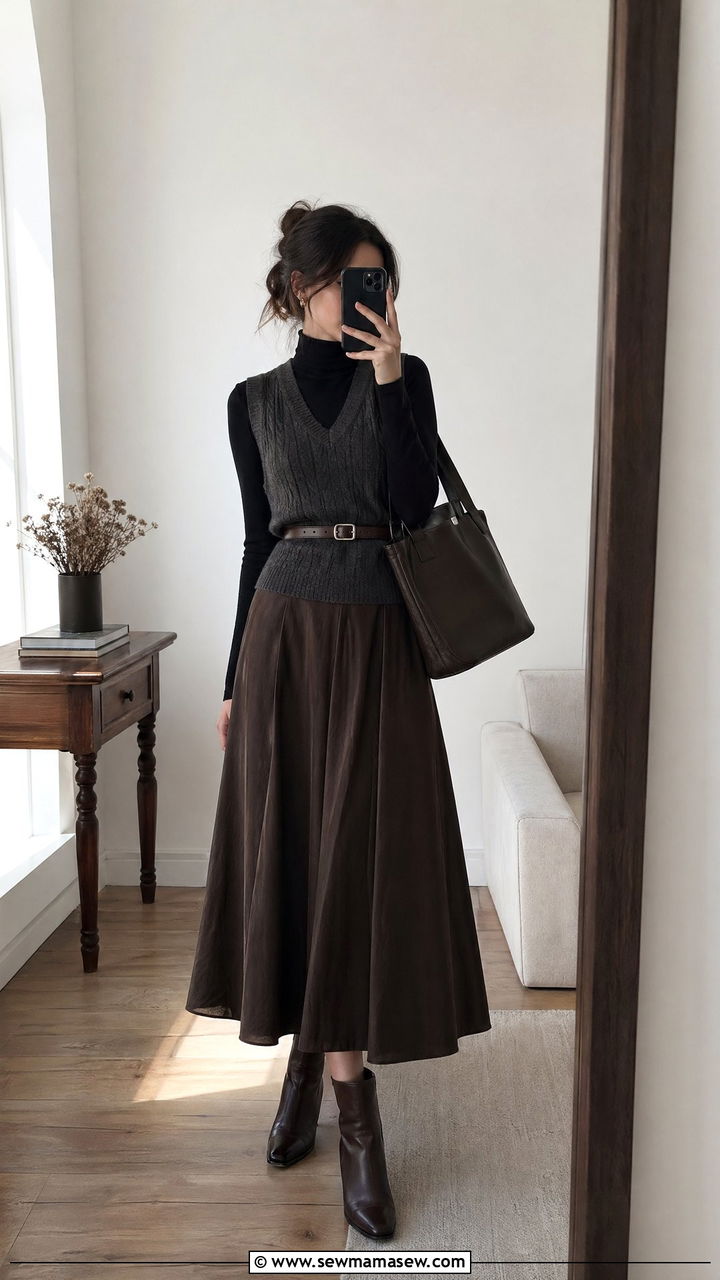Turtleneck and Knit Vest with Flowing Midi Skirt - 35 dark academia outfits