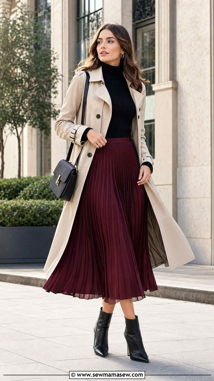 Turtleneck and Pleated Midi Skirt Outfit - 35 mom outfit ideas