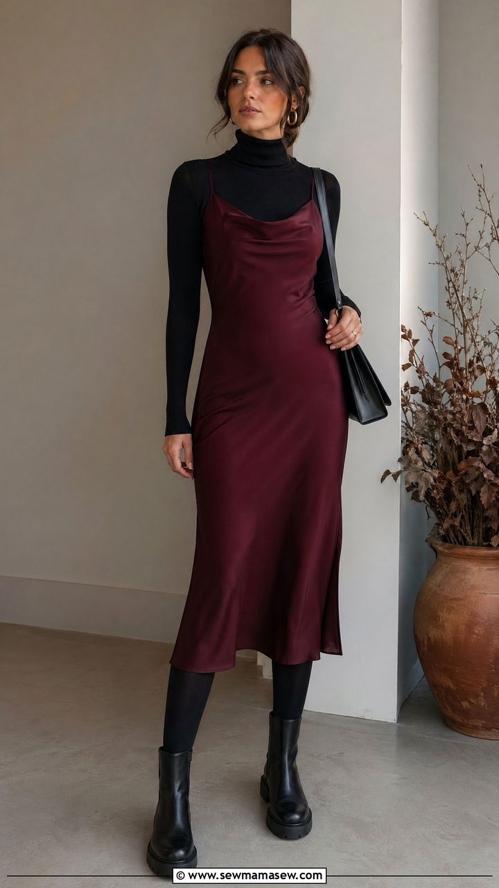 Turtleneck and Slip Dress Layered Outfit - 35 transitional classy outfit ideas