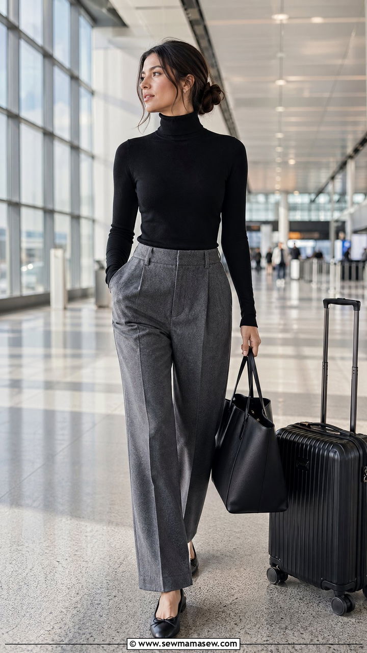 Turtleneck and tailored trousers airport outfit - 35 chic airport outfits for women
