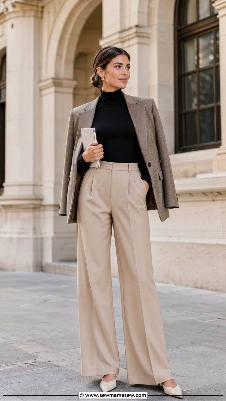 Turtleneck bodysuit and tailored trousers outfit - 35 College campus outfit ideas