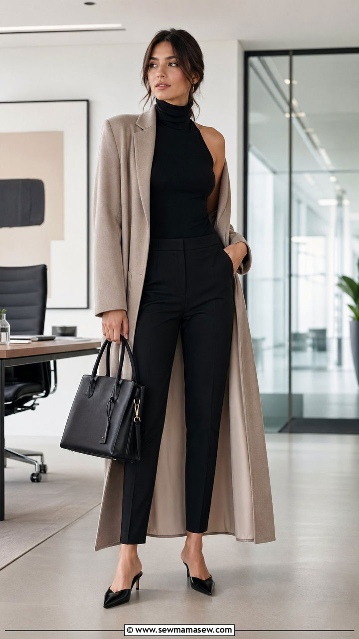 Turtleneck bodysuit with cigarette pants and duster coat - 35 transitional outfits for women