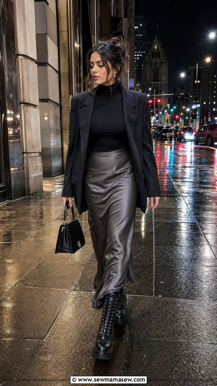 Turtleneck bodysuit with slip skirt and combat boots - 35 rainy day outfits for women