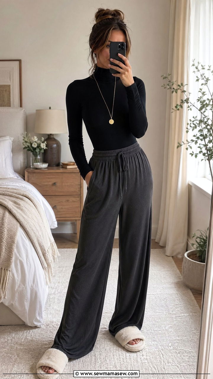 Turtleneck bodysuit with wideleg lounge pants - 35 Comfortable work from home outfits