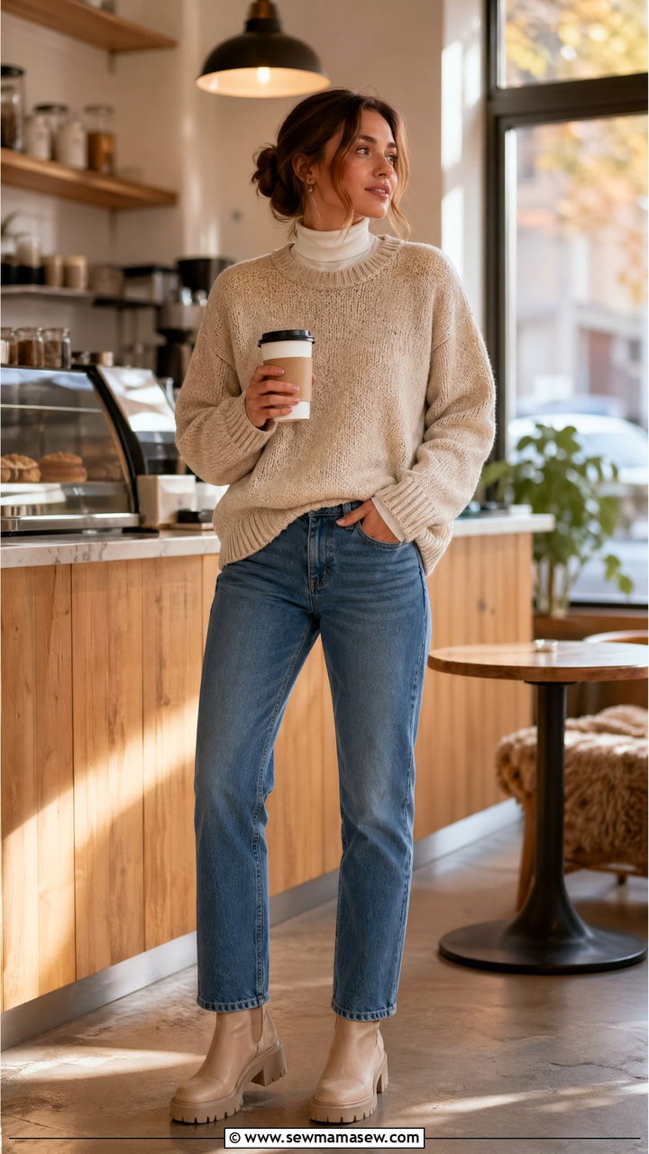 Turtleneck sweater layered under crewneck - 35 Turtleneck sweater outfit ideas