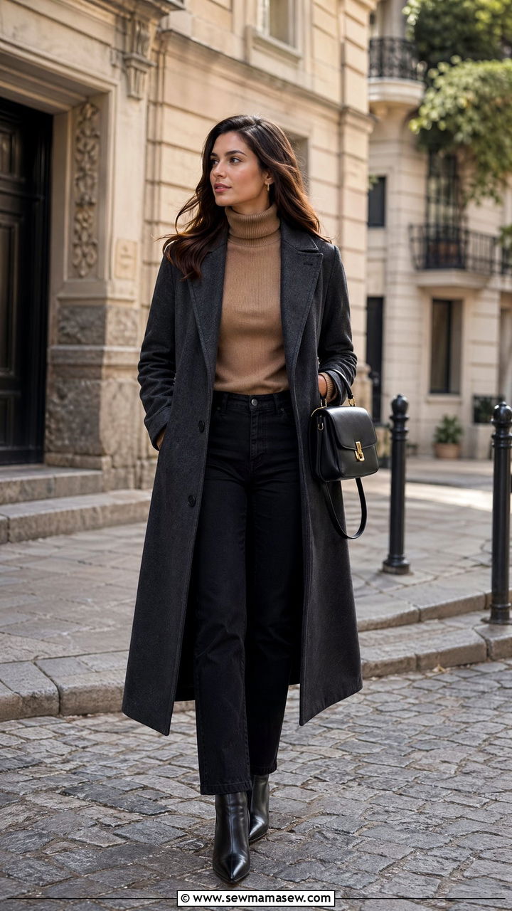 Turtleneck sweater under a long wool coat - 35 Sweater weather outfit ideas