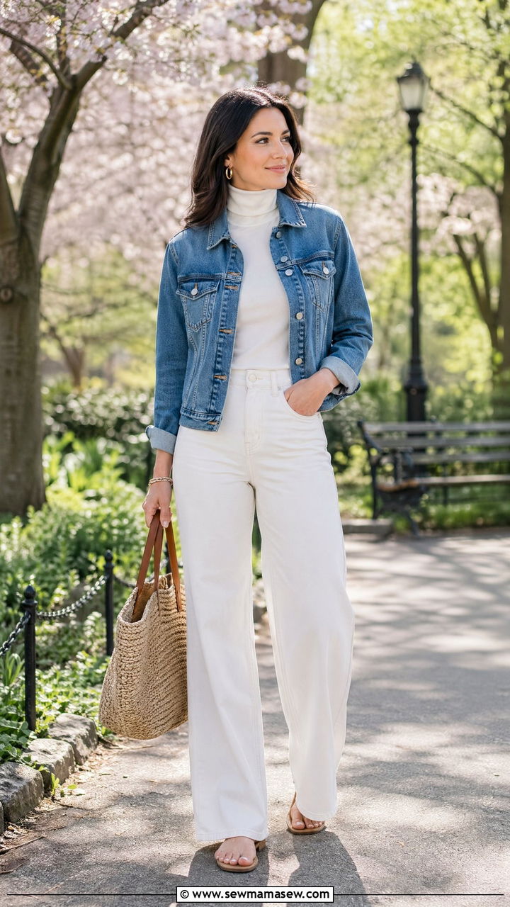 Turtleneck sweater with denim jacket - 35 Turtleneck sweater outfit ideas