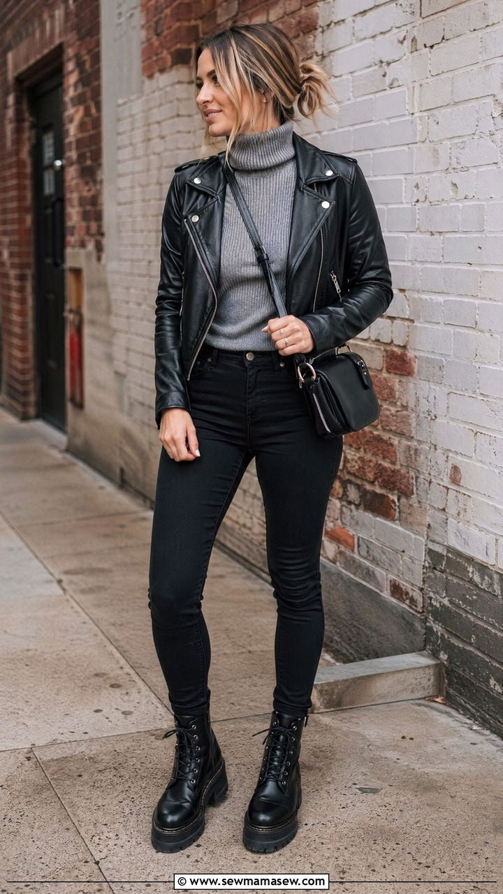 Turtleneck sweater with leather jacket - 35 Turtleneck sweater outfit ideas