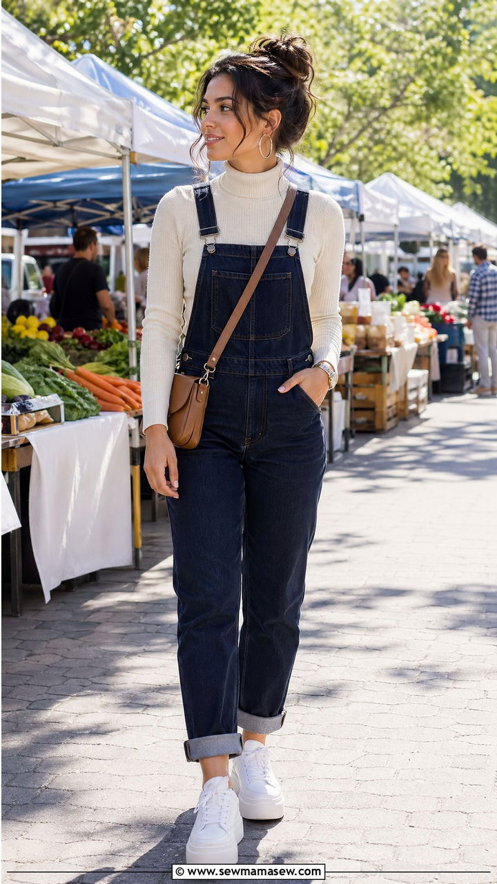 Turtleneck sweater with overalls - 35 Turtleneck sweater outfit ideas