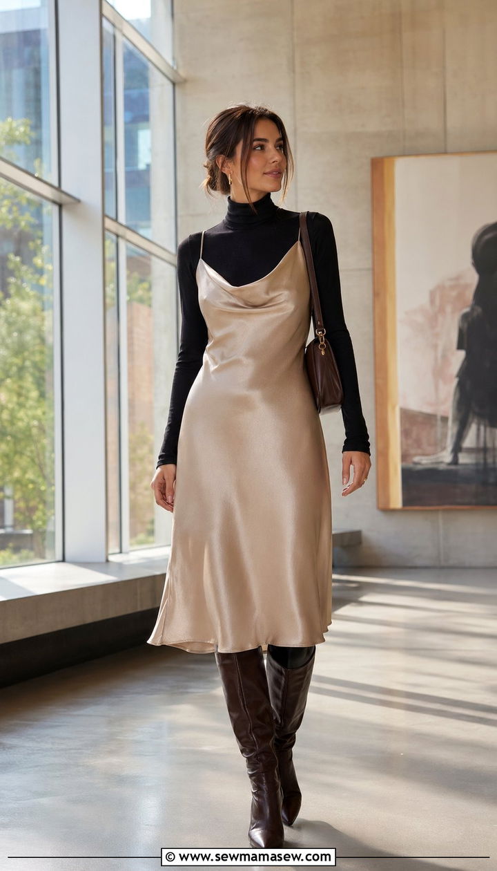 Turtleneck under slip dress outfit - 30 back to school outfits for women